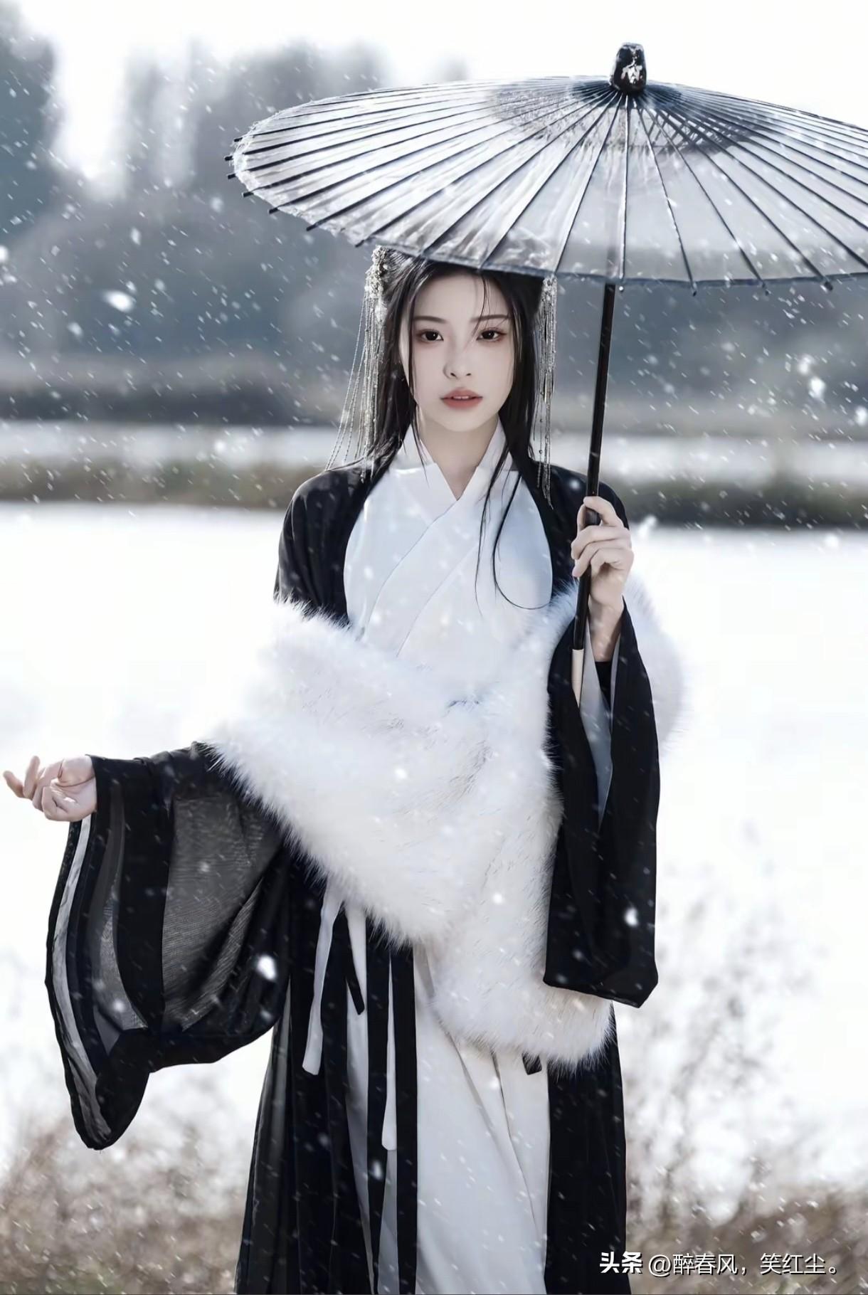 像是从山水画里走出的仙子。
身畔是碧波荡漾的江水，
身后是连绵起伏的青山。
不需