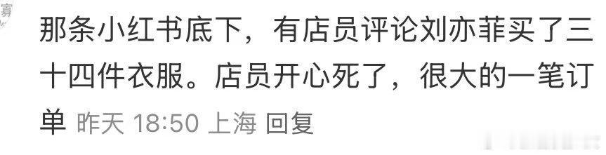 刘亦菲买了34件衣服  刘亦菲逛街买了34件衣服  被刘亦菲的逛街战绩惊到，34