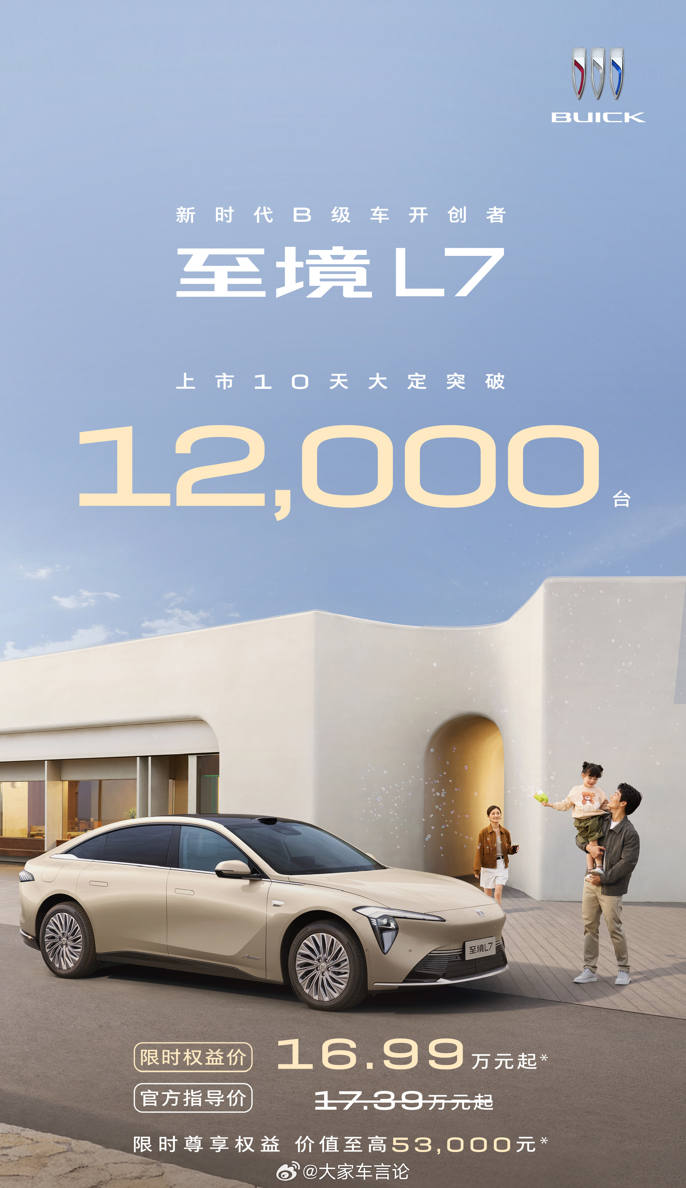 别克至境L7上市10天大定突破12000台。其中35岁以下用户占比43%，增换购