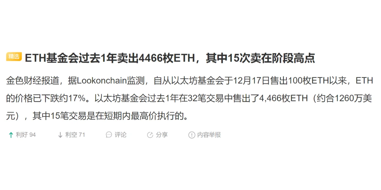 ETH基金会过去1年卖出4466枚ETH，其中15次卖在阶段高点