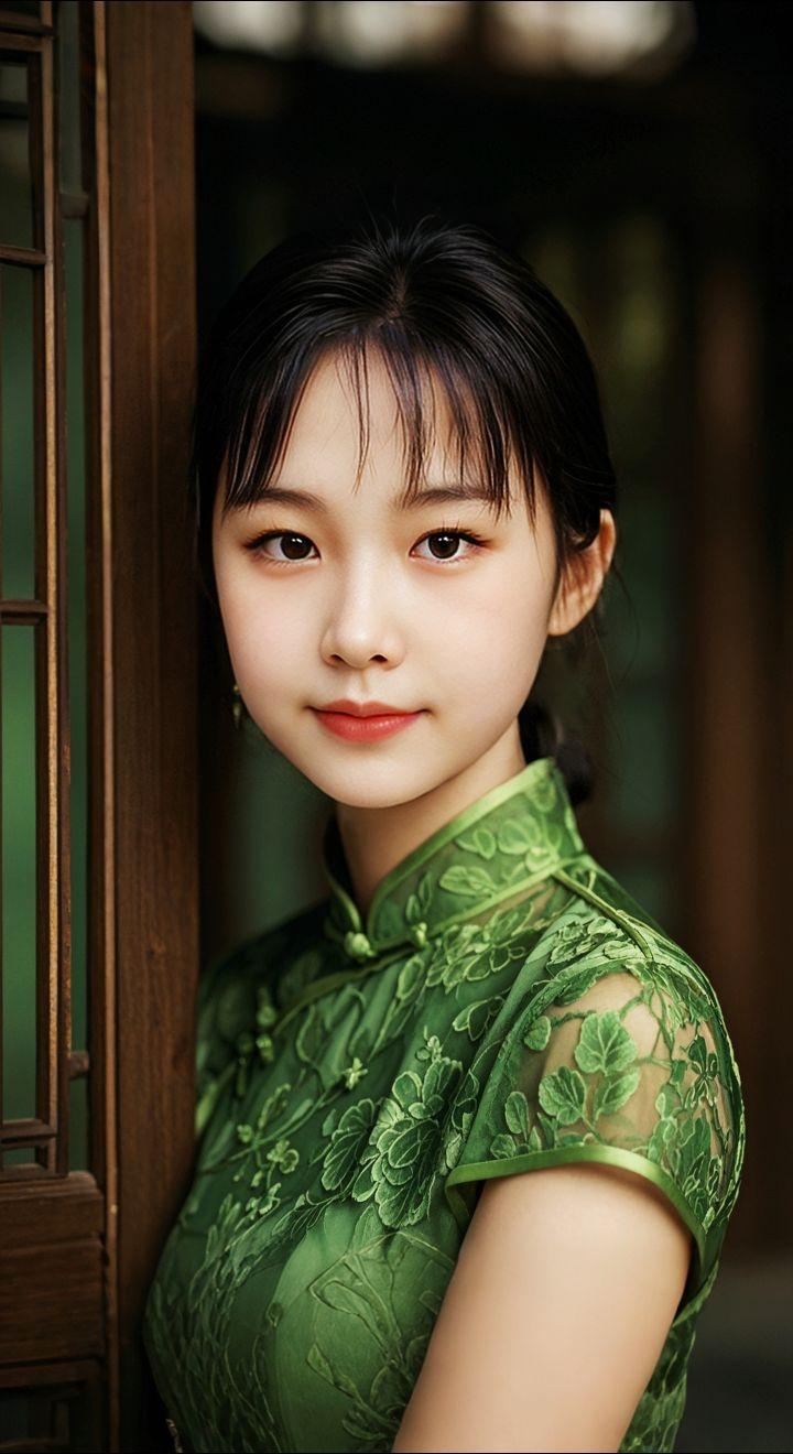 AI扩图 AI绿旗袍佳人