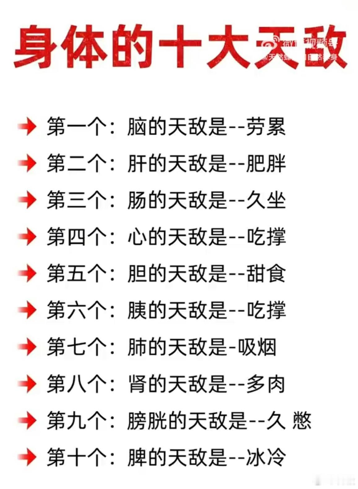 【身体的十大天敌】第一个：脑的天敌是劳累第二个：肝的天敌是肥胖第三个：肠的天敌是
