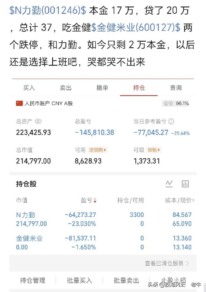 满仓连吃2跌停亏8.1万割肉金健米业，山顶84.6元入新股N力勤再被套亏6.4万