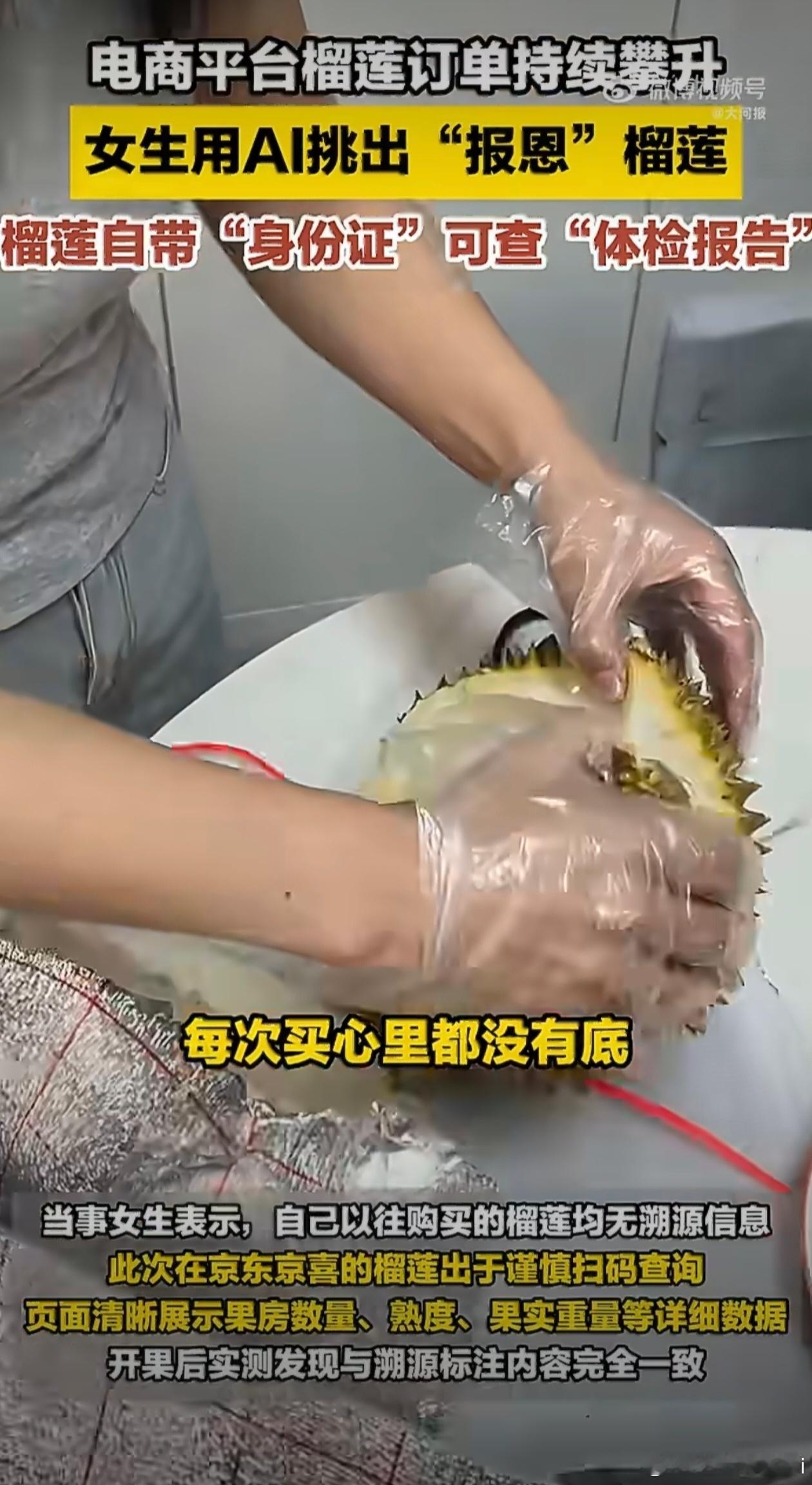 榴莲溯源码榴莲迎来丰产降价季，AI助力挑选好物。一果一码溯源上线，果房、熟度、出