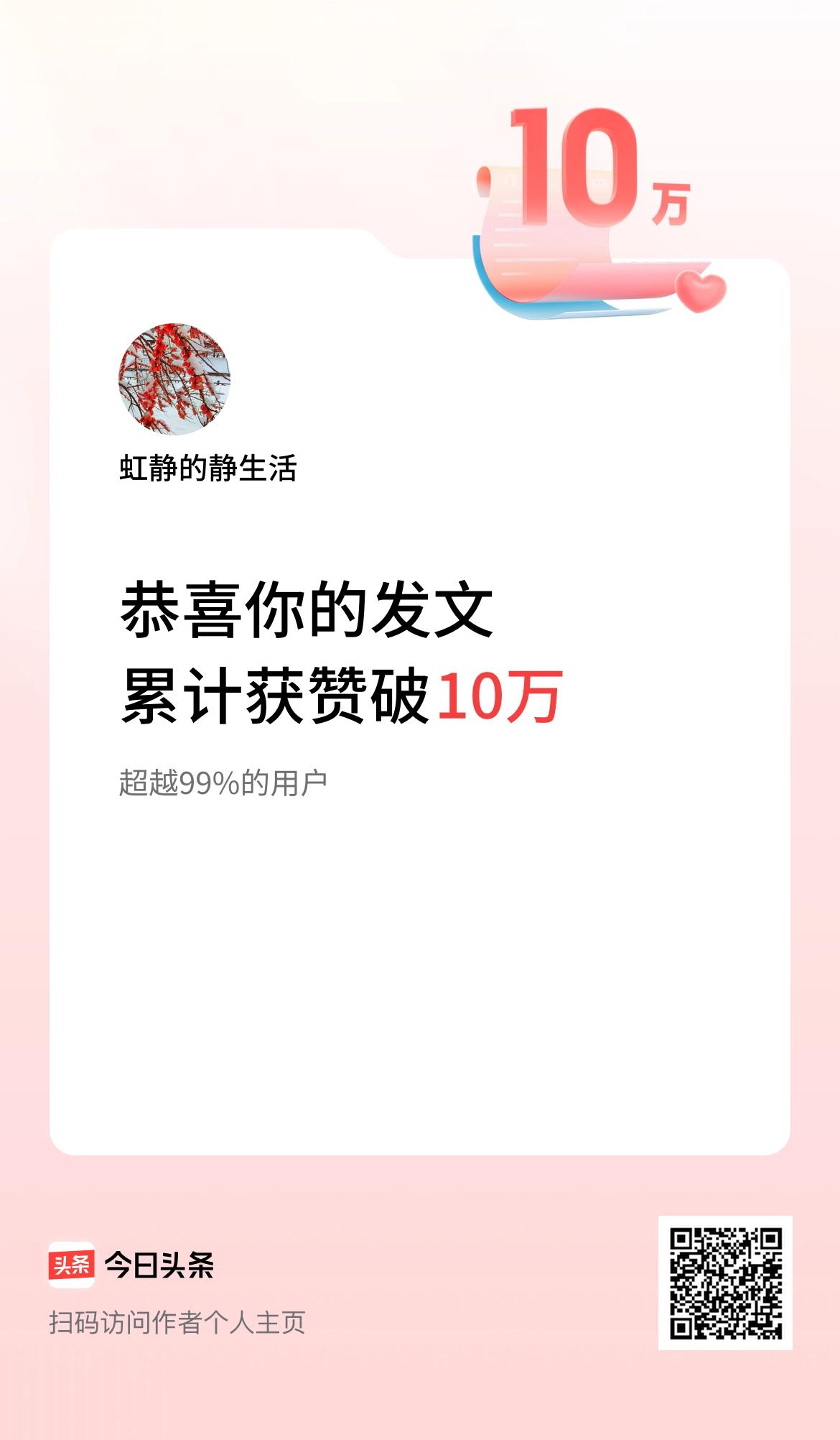 加油啊！ 我在头条累计获赞量破10万啦！