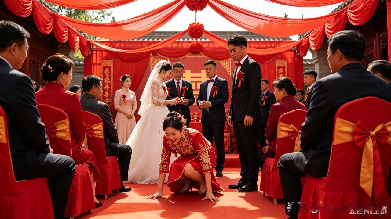 在十里红妆的婚礼现场，司仪正引导新人交换戒指，新娘却突然像被按了 “自动下蹲键”