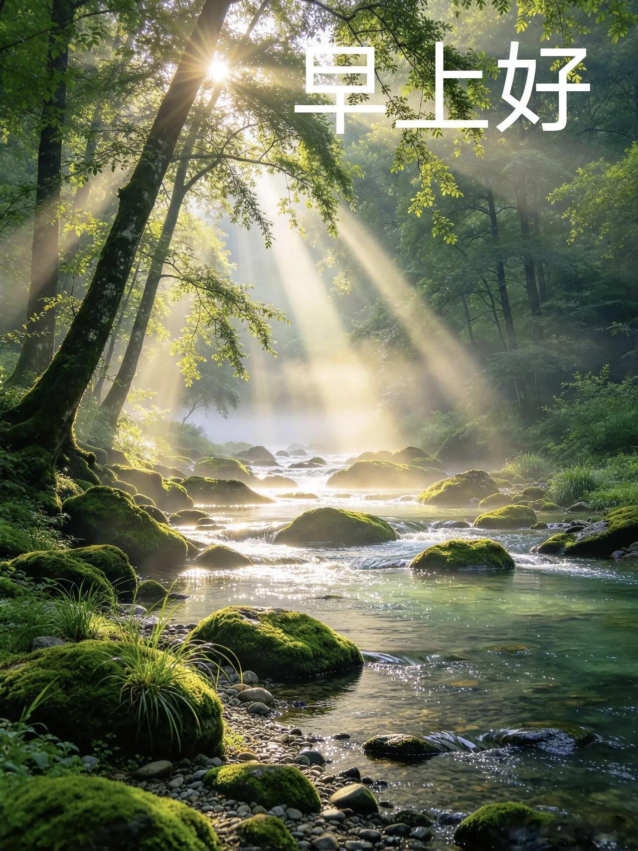 晨光穿林，清泉流淌，早安！愿心静身安。