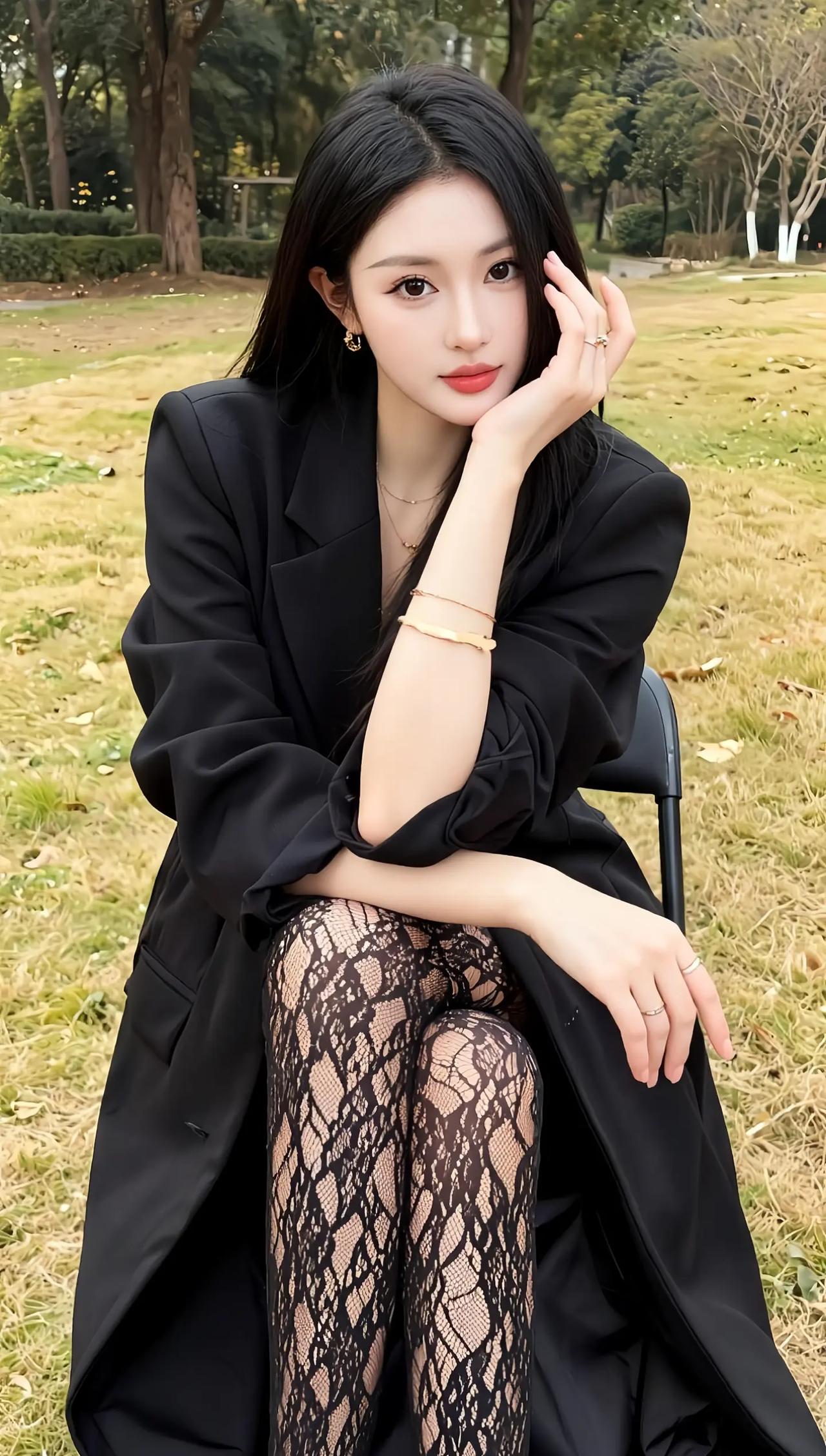 都市女郎的优雅穿搭，黑色外套搭配蕾丝袜，尽显时尚与自信。