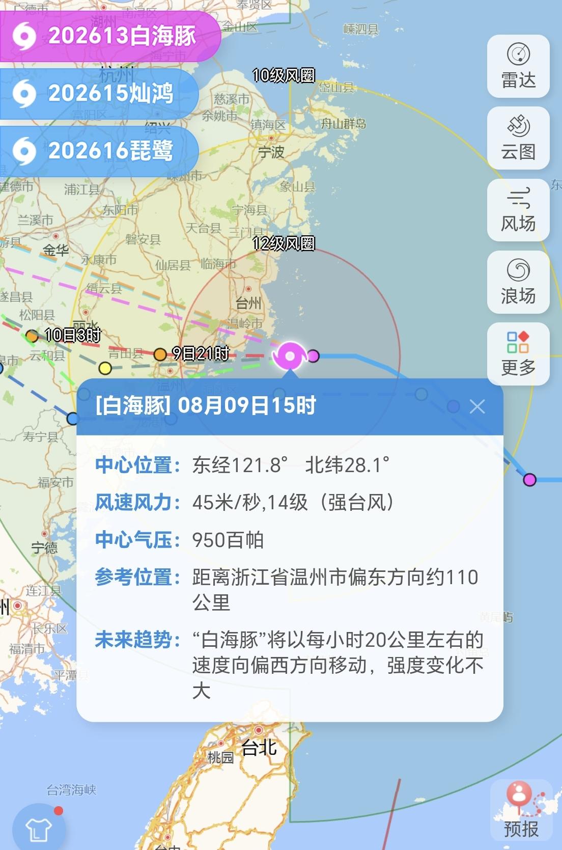 【13号台风“白海豚”登陆地点基本锁定台州玉环市，登陆时间大概是今晚】

9日1