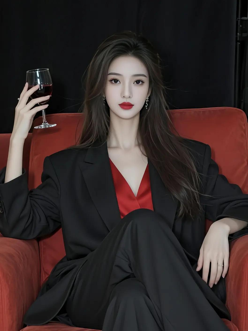 优雅黑西服，红酒相伴，尽显都市女性魅力！