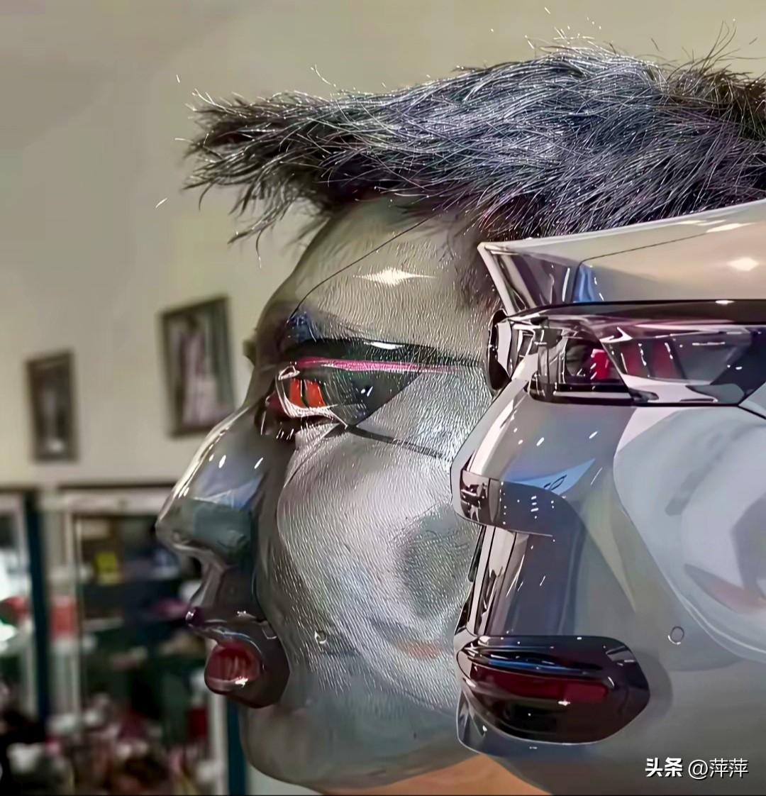 车尾灯与人脸完美重合，赛博感拉满，汽车尾灯和人脸无缝衔接，硬生生拼出一张超A赛博