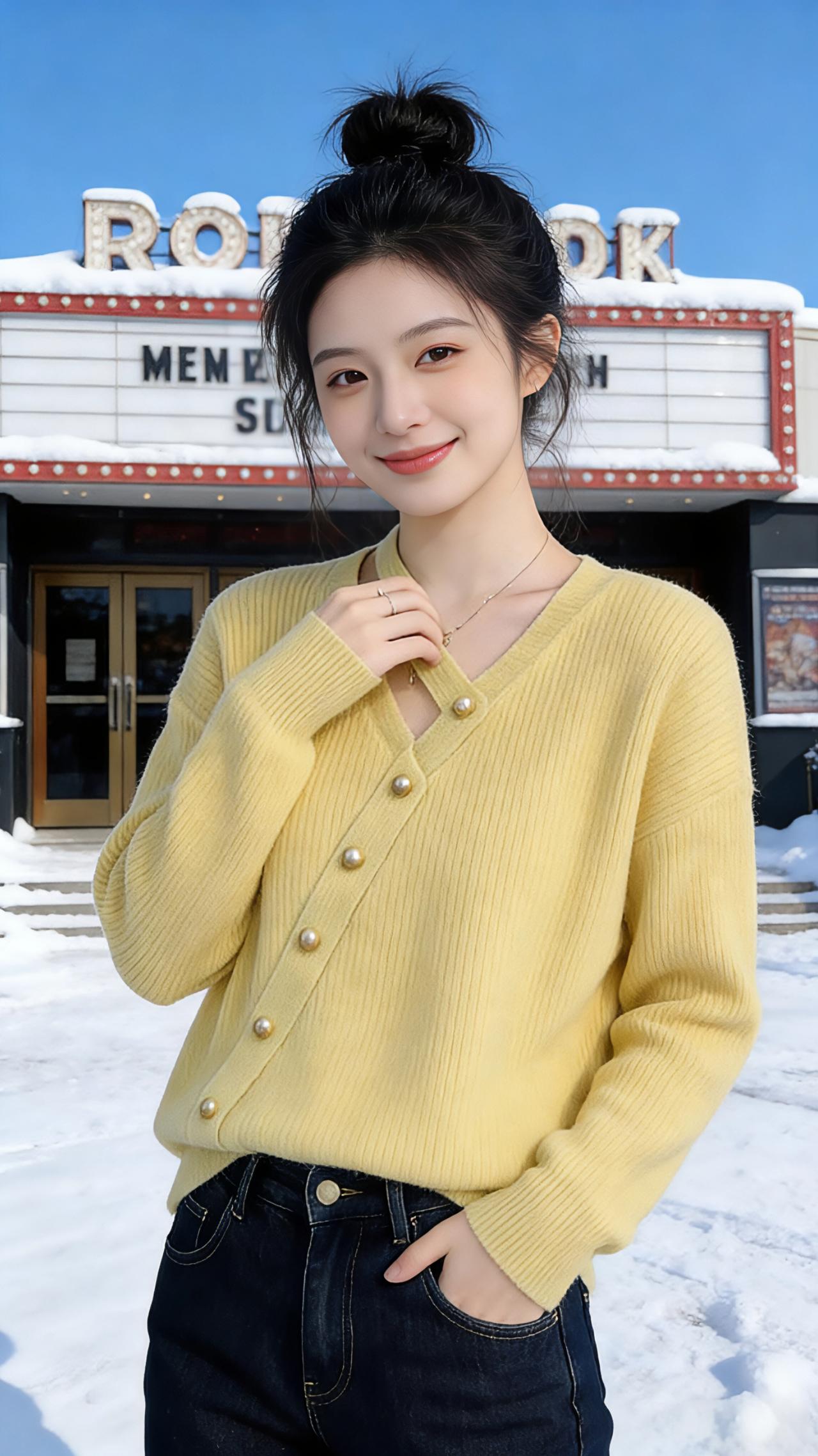 我会根据这组冬日街拍，为你创作一篇散文。

雪色檐角的浅黄诗篇
 
这场雪把小镇