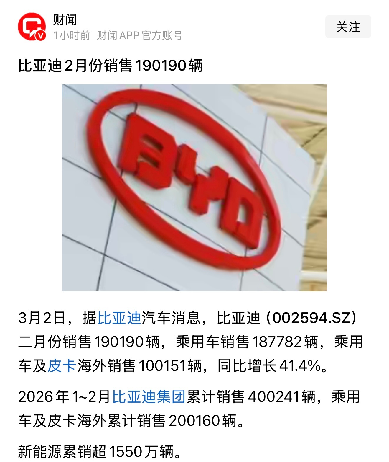 二月份销售190190辆，乘用车销售187782辆，乘用车及皮卡海外销售1001