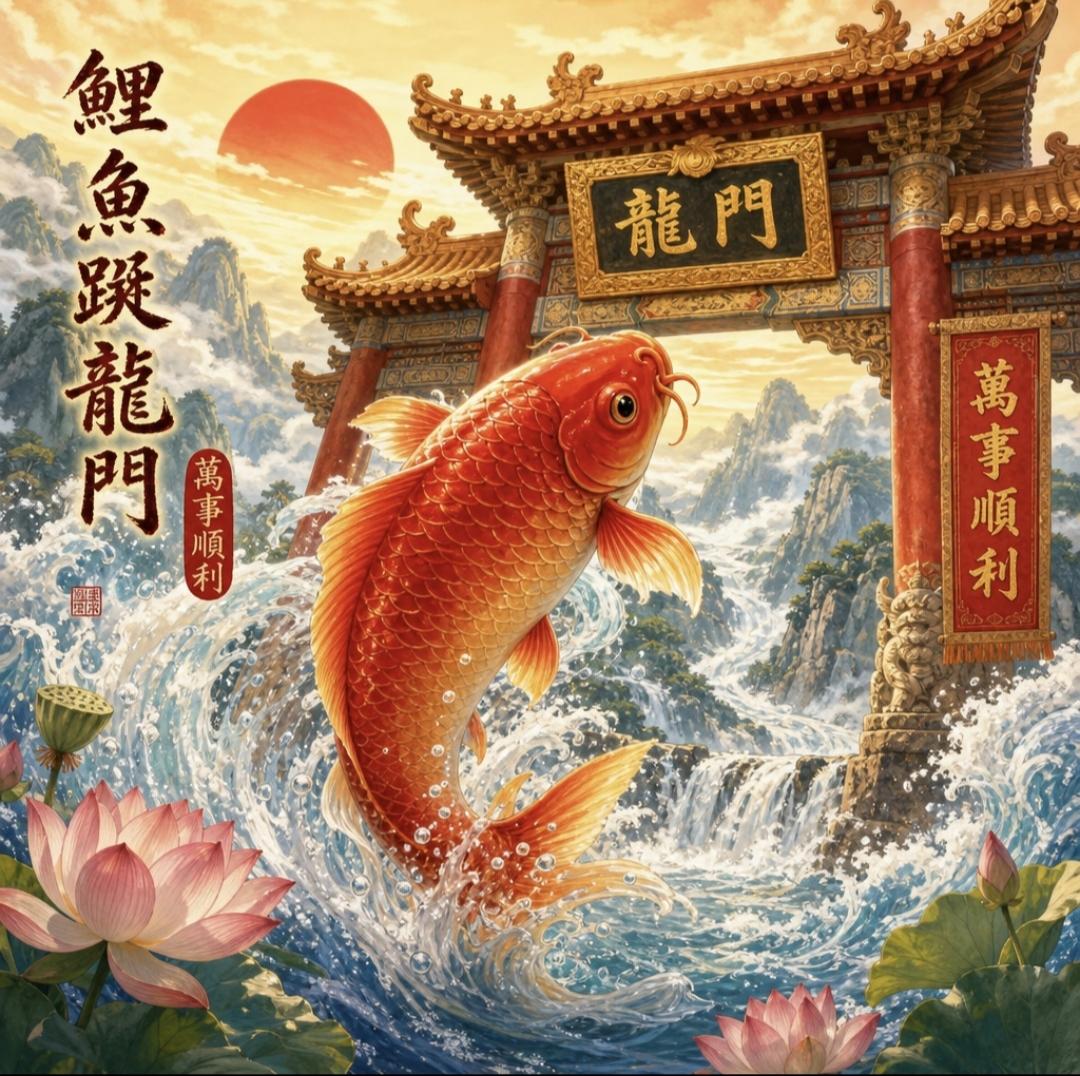 锦鲤跃龙门，福气满盈门。好运连连至，万事皆胜意，财源滚滚来，日子甜如蜜。传统文化