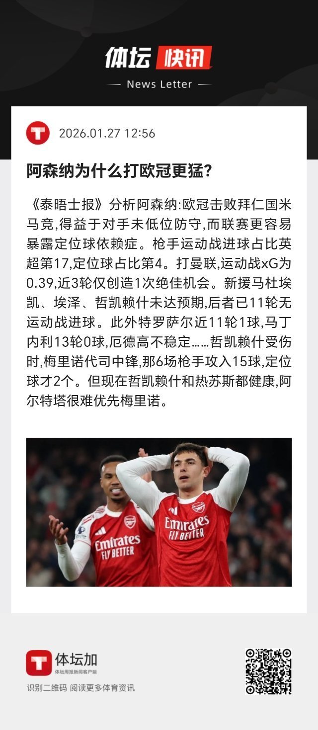 阿森纳 哲凯赖什受伤时，梅里诺代司中锋，那6场枪手攻入15球，定位球才2个。但现