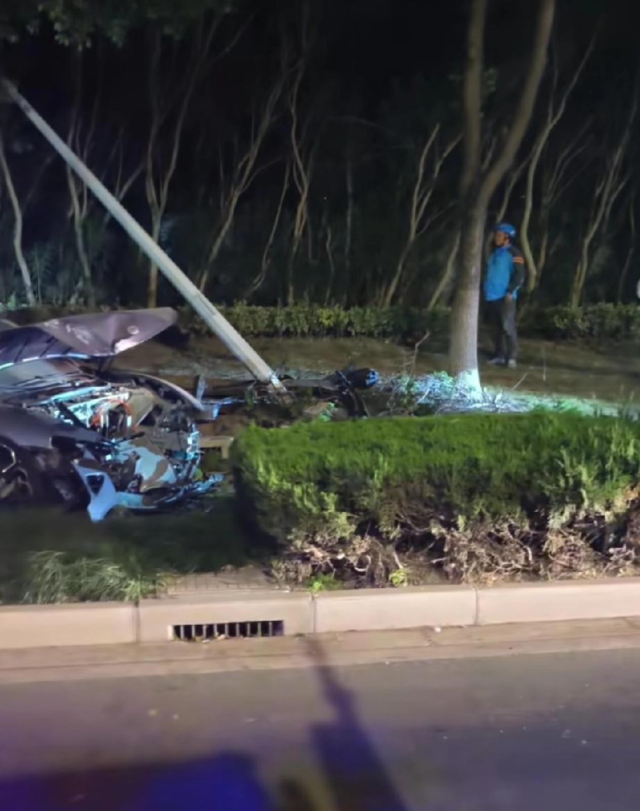 11月4日，上海，一辆某米电车撞绿化带树上，据说是转弯开的太快了。从视频中可以看