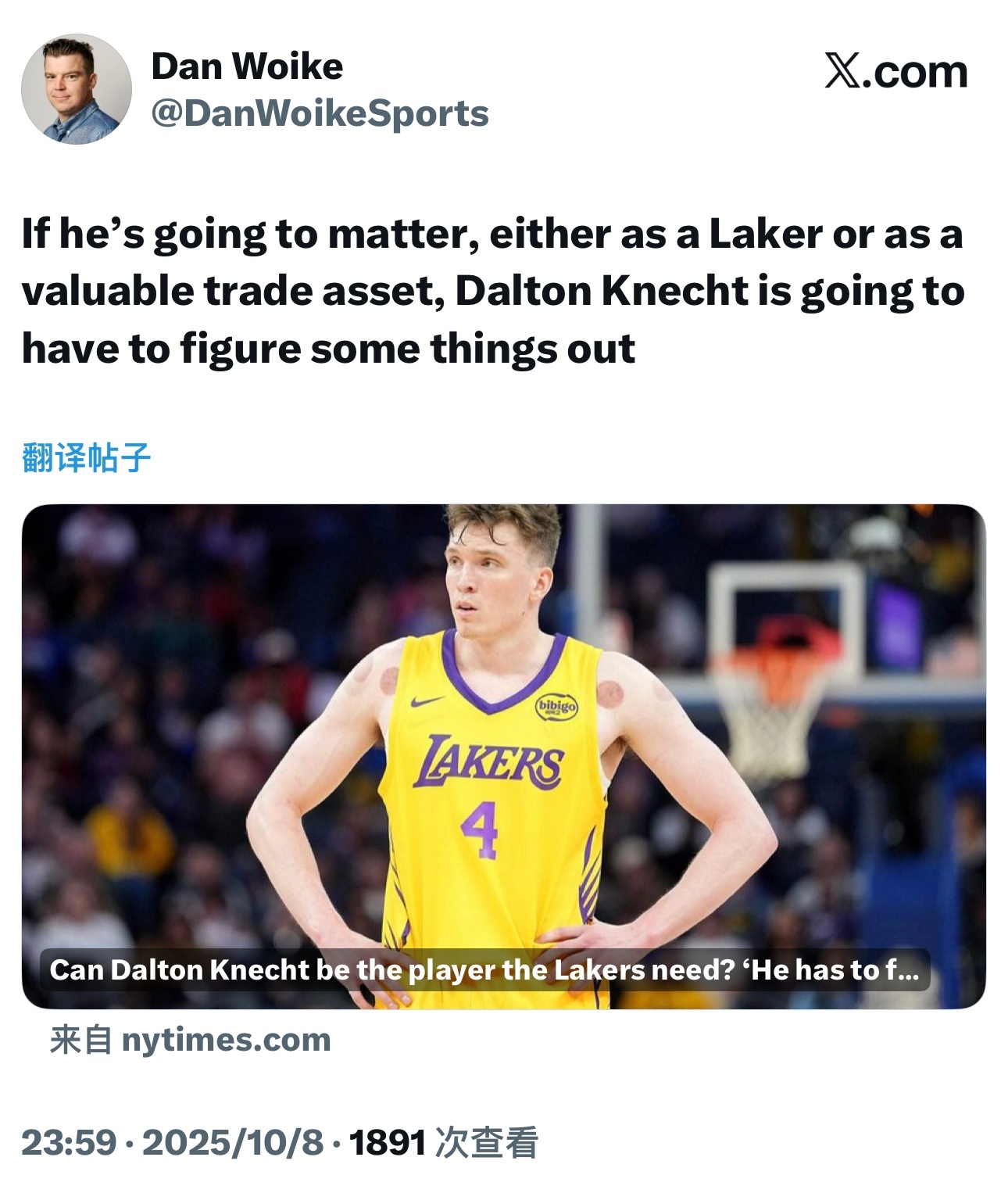 湖人记者Dan Woike今天撰文谈到了克内克特：“湖人今年夏天没有交易他，他的