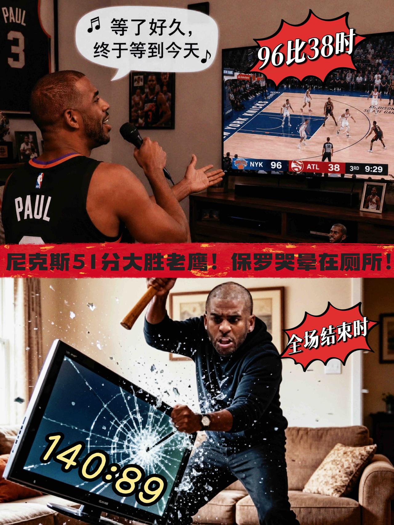 尼克斯51分大胜老鹰！保罗哭晕在厕所！
在今天NBA季后赛尼克斯对阵老鹰的第六场