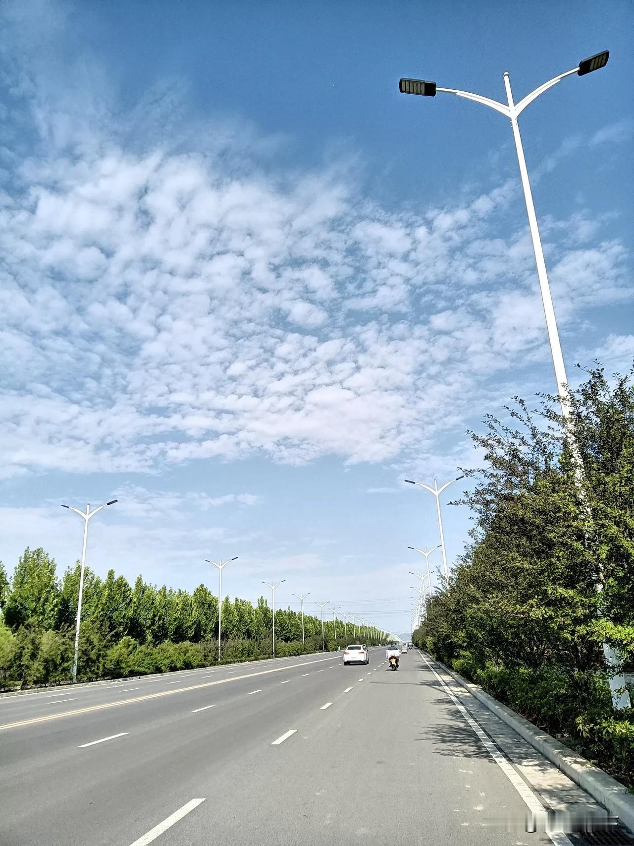 这条宽阔的道路，是城市与自然的温柔交界。澄澈蓝天如洗，棉絮般的云团悠悠舒展，在天