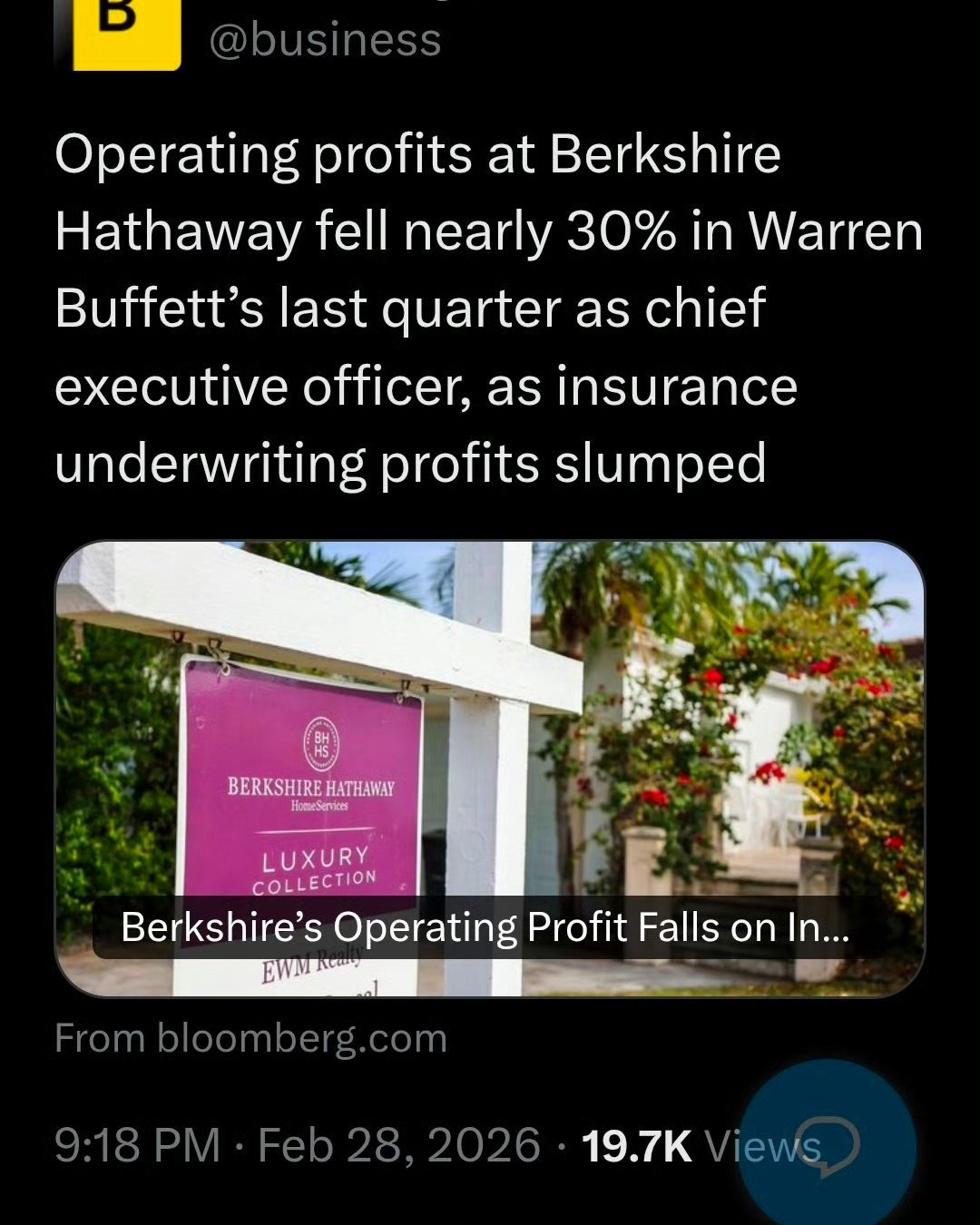 巴菲特的伯克希尔·哈撒韦公司在最后一个季度，因保险公司的承保利润大幅下滑，致使伯