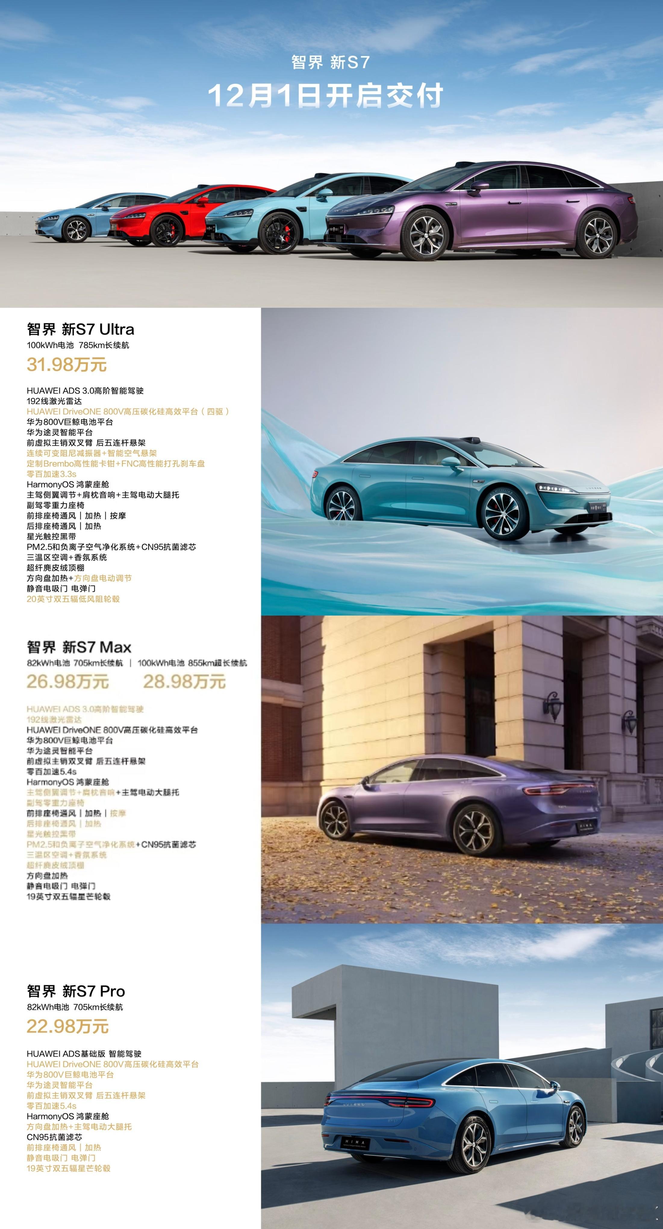 智界新S7共推出3款车型，新S7 Pro售价22.98万元，新S7 Max售价2