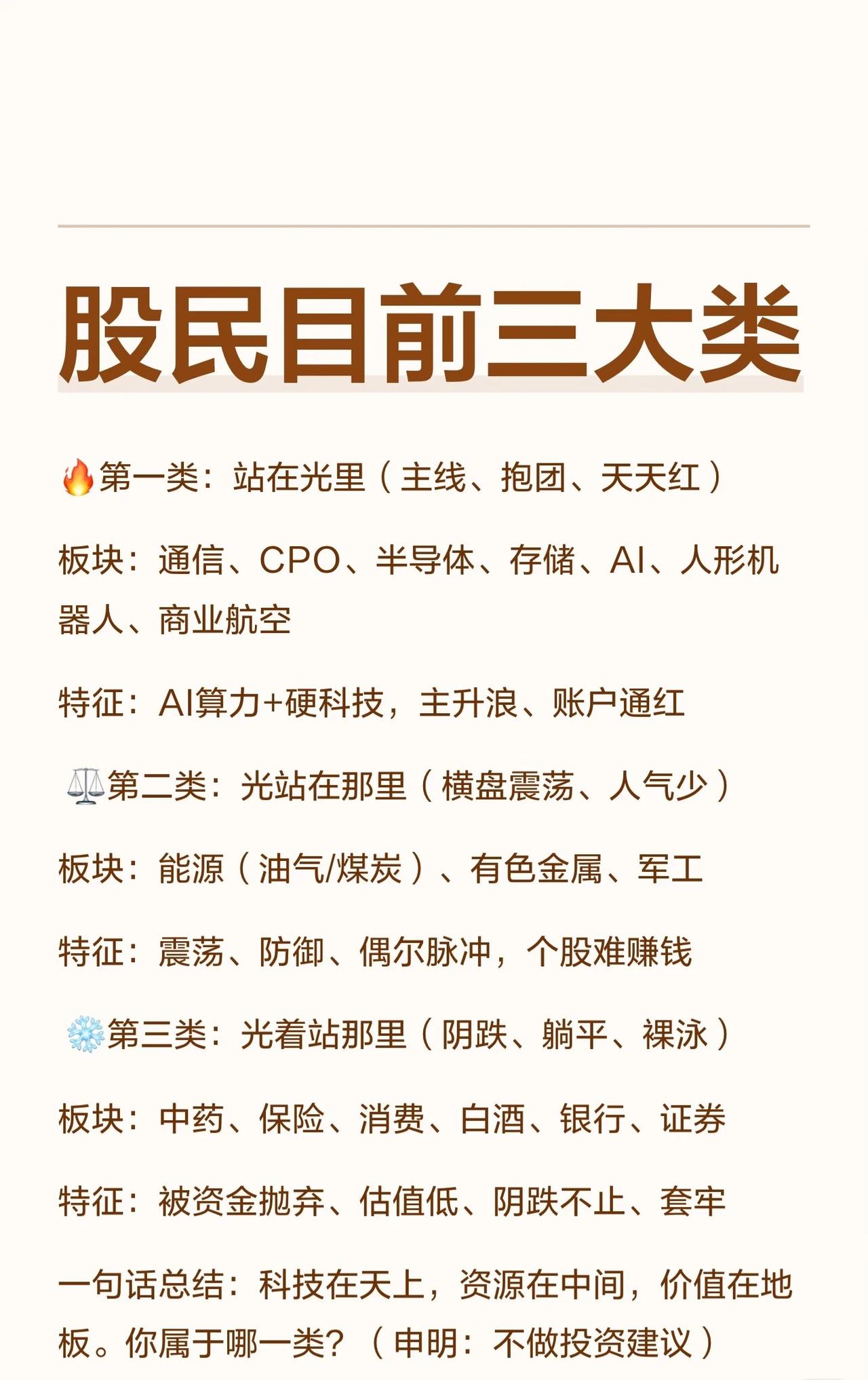 股民目前三大类

🔥 第一类：站在光里（主线、抱团、天天红）

所属板块：通信