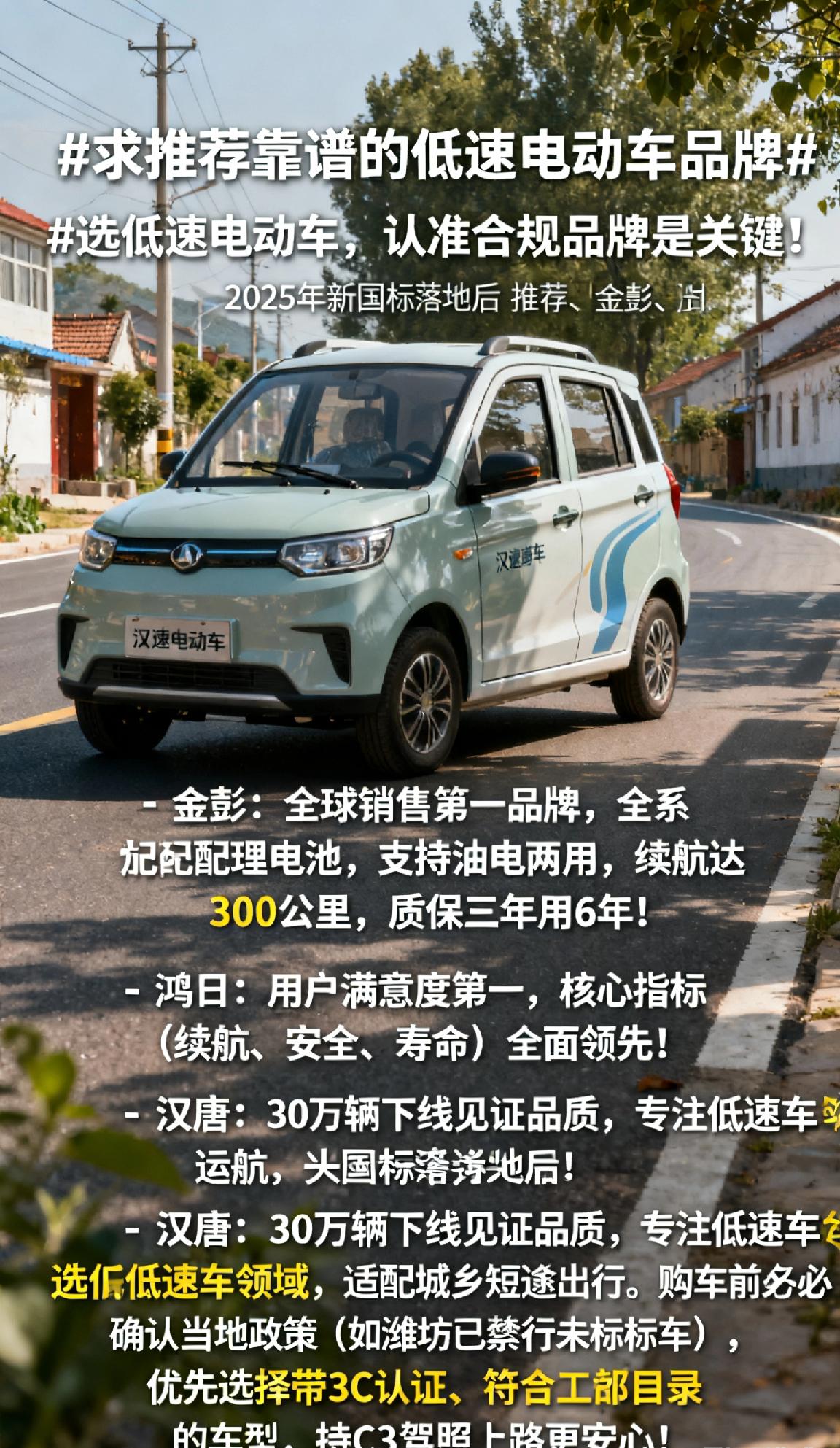 选低速电动车，认准合规品牌是关键！2025年新国标落地后，推荐金彭、鸿日、汉唐等