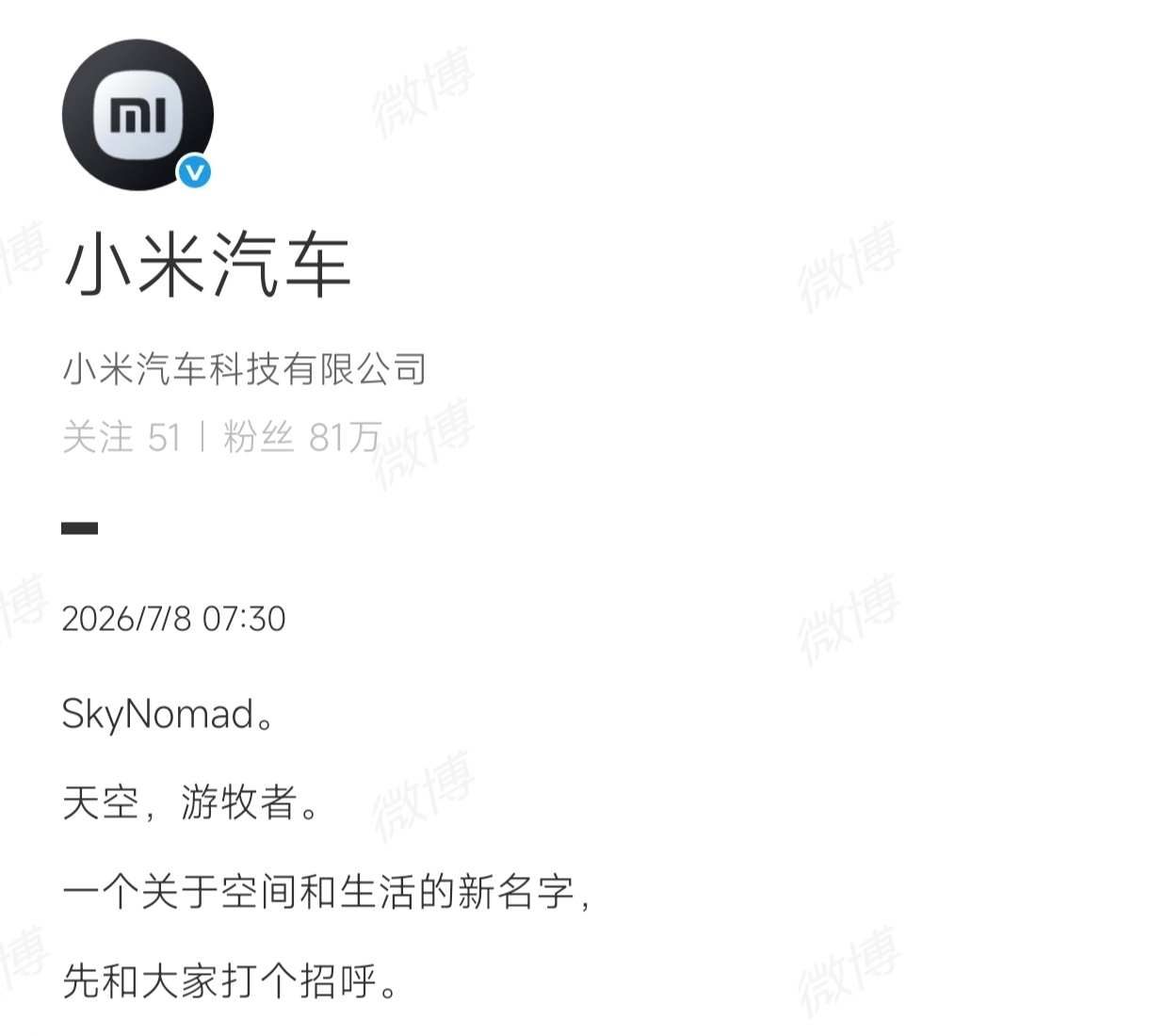 小米汽车SkyNomad 这也是小米汽车第一次正式的官宣新车系品牌信息，中文名“