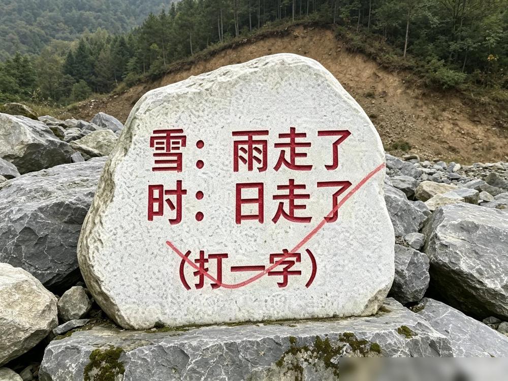 这道刻在石头上的字谜很巧妙，拆解两个字来找答案。雪字去掉雨，时字去掉日，剩下的部