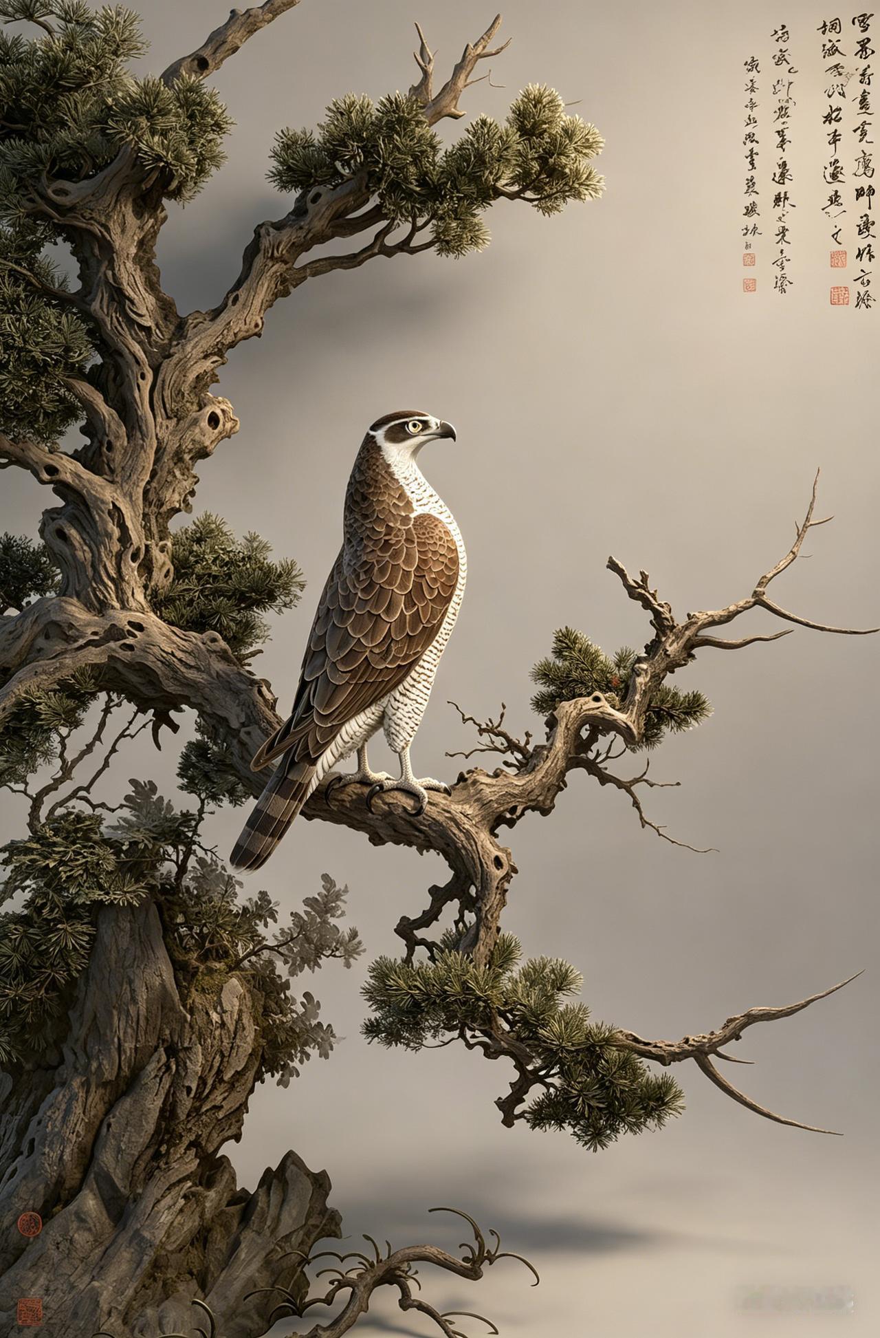 元 张舜咨《雪界翁柏鹰图》：这鹰一站，枯松就带上了“别惹我”的气场，威武！！！