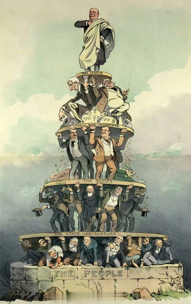 1905年美国的一张海报揭露了西方政治的本质，第一层是人民，第二层是国家机构人员