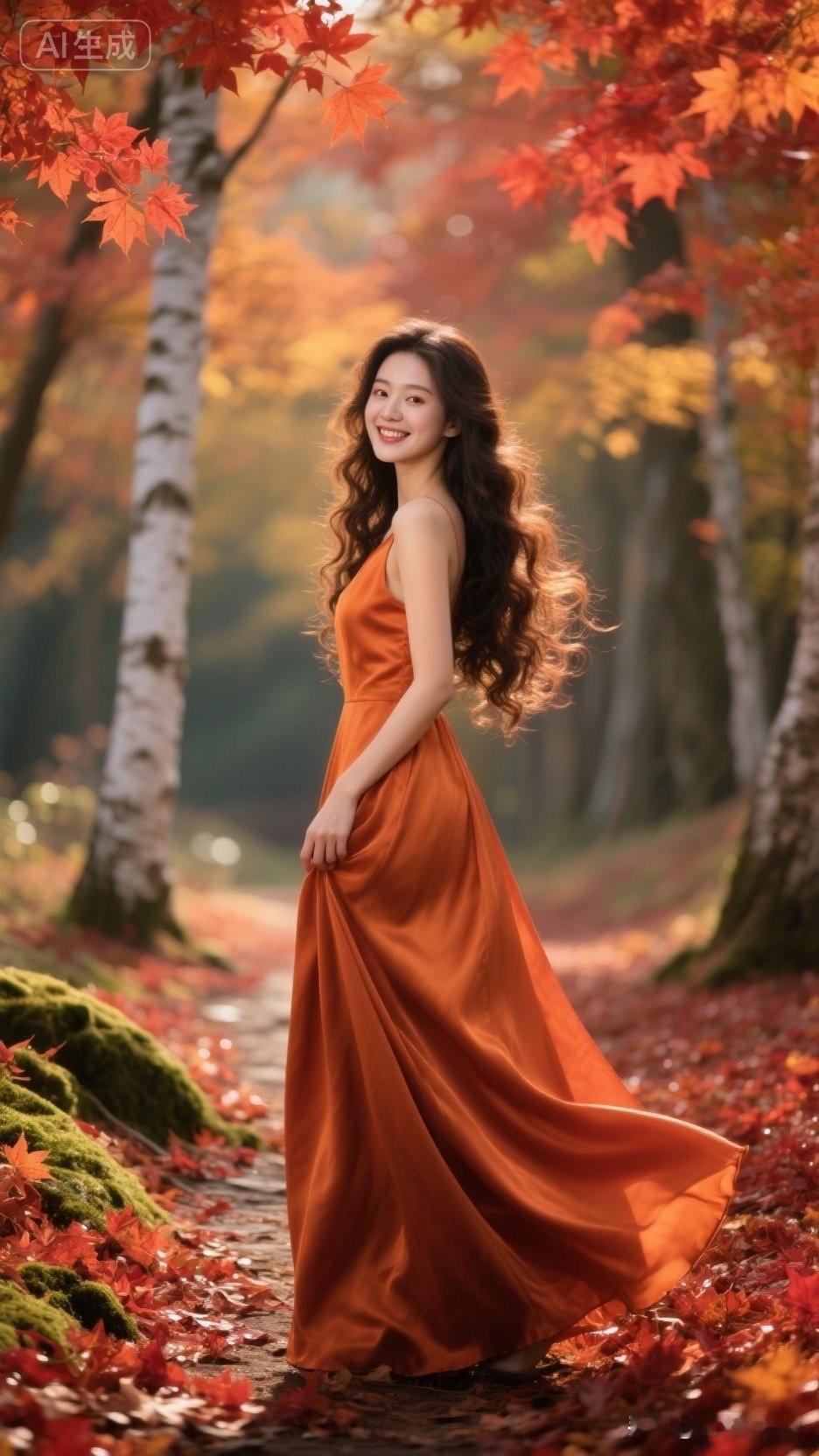 秋日漫步，橙裙飘逸，笑靥如花。