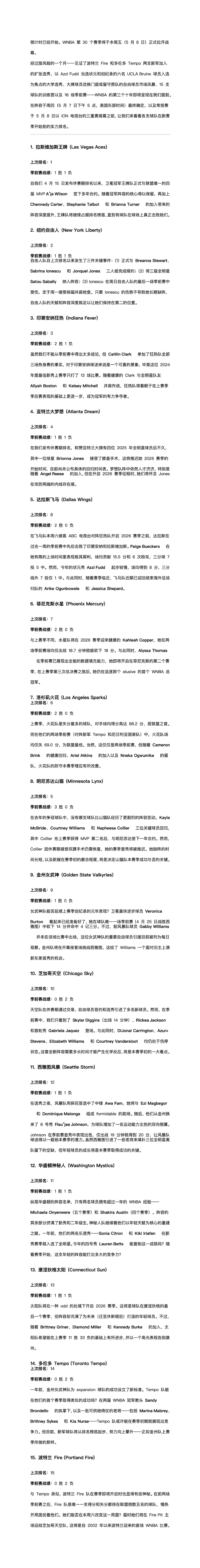 WNBA官网赛季前第2期战力榜：前4不变 飞翼升至第5~DeepSeek翻译见图