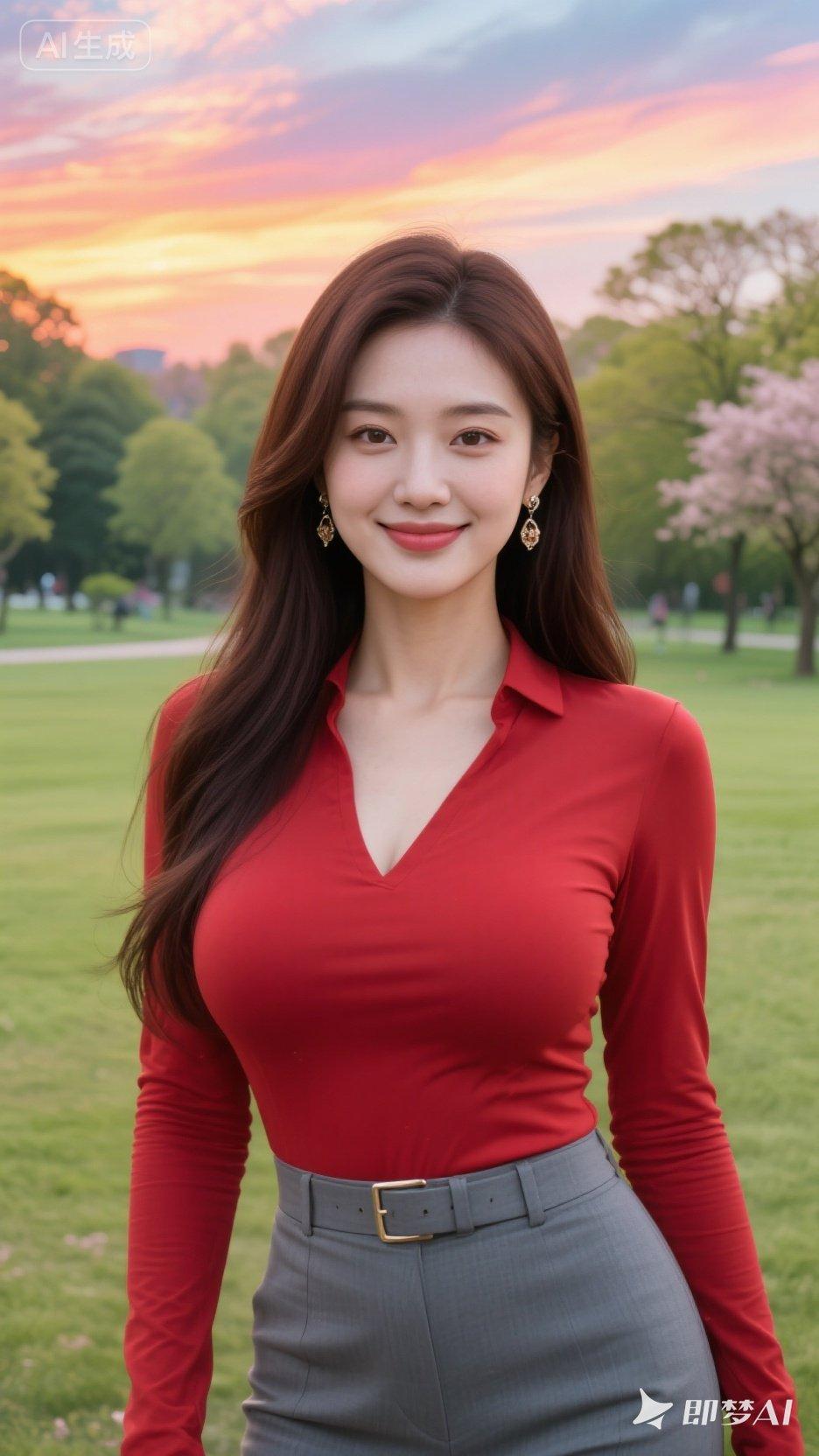 夕阳下的优雅红衣，自然中的甜美笑容