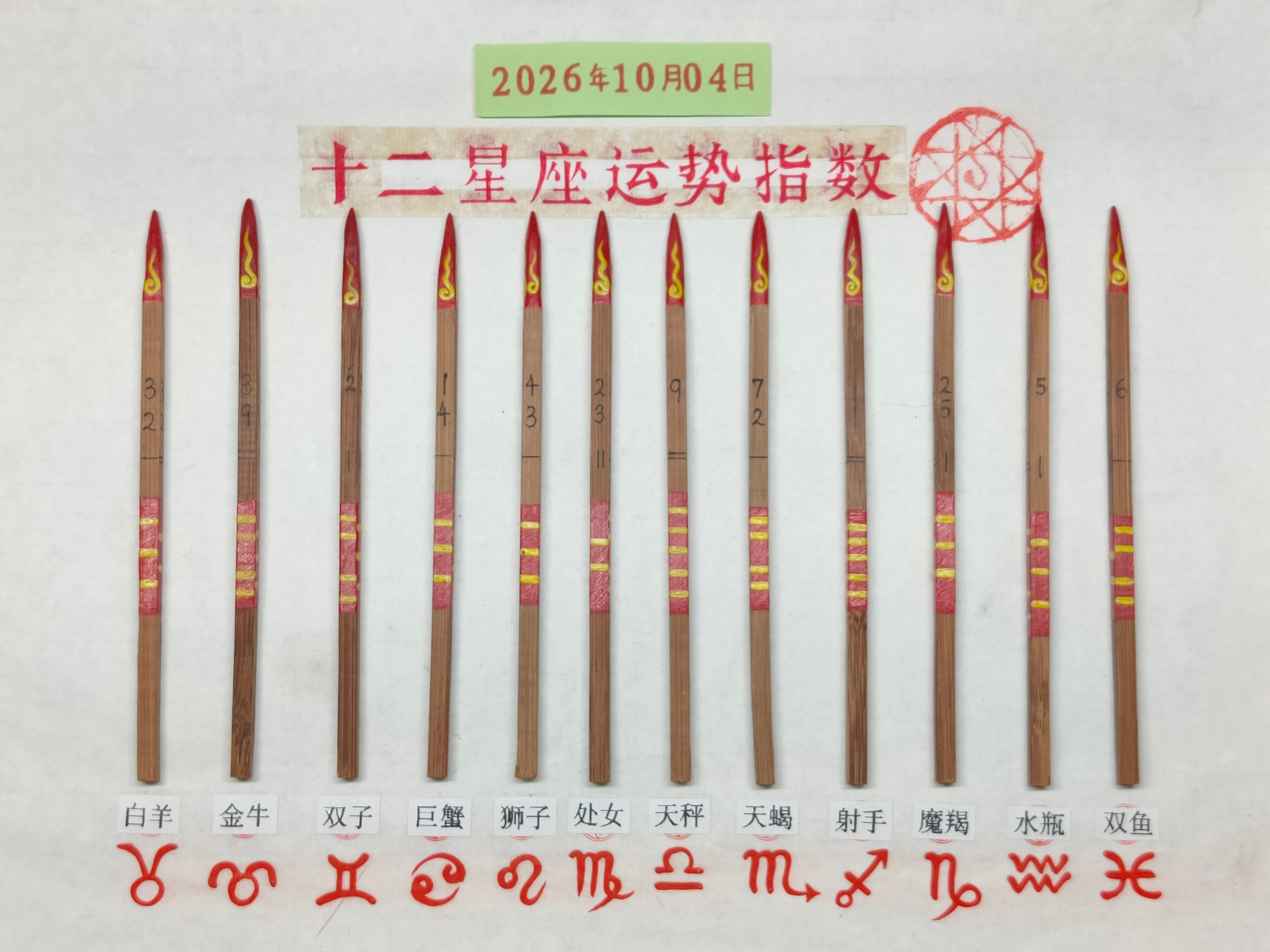 十二星座未来七天卦象综合运势指数:白羊座 ：   ➳     中平签金牛座 ： 