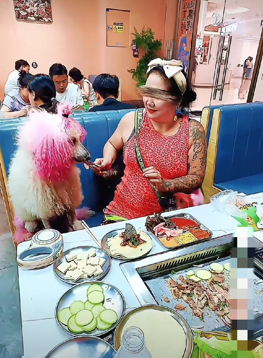 广东深圳，58岁大妈过生日，带着4只宠物狗吃烤肉，用夹烤肉的夹子给宠物狗喂食……
