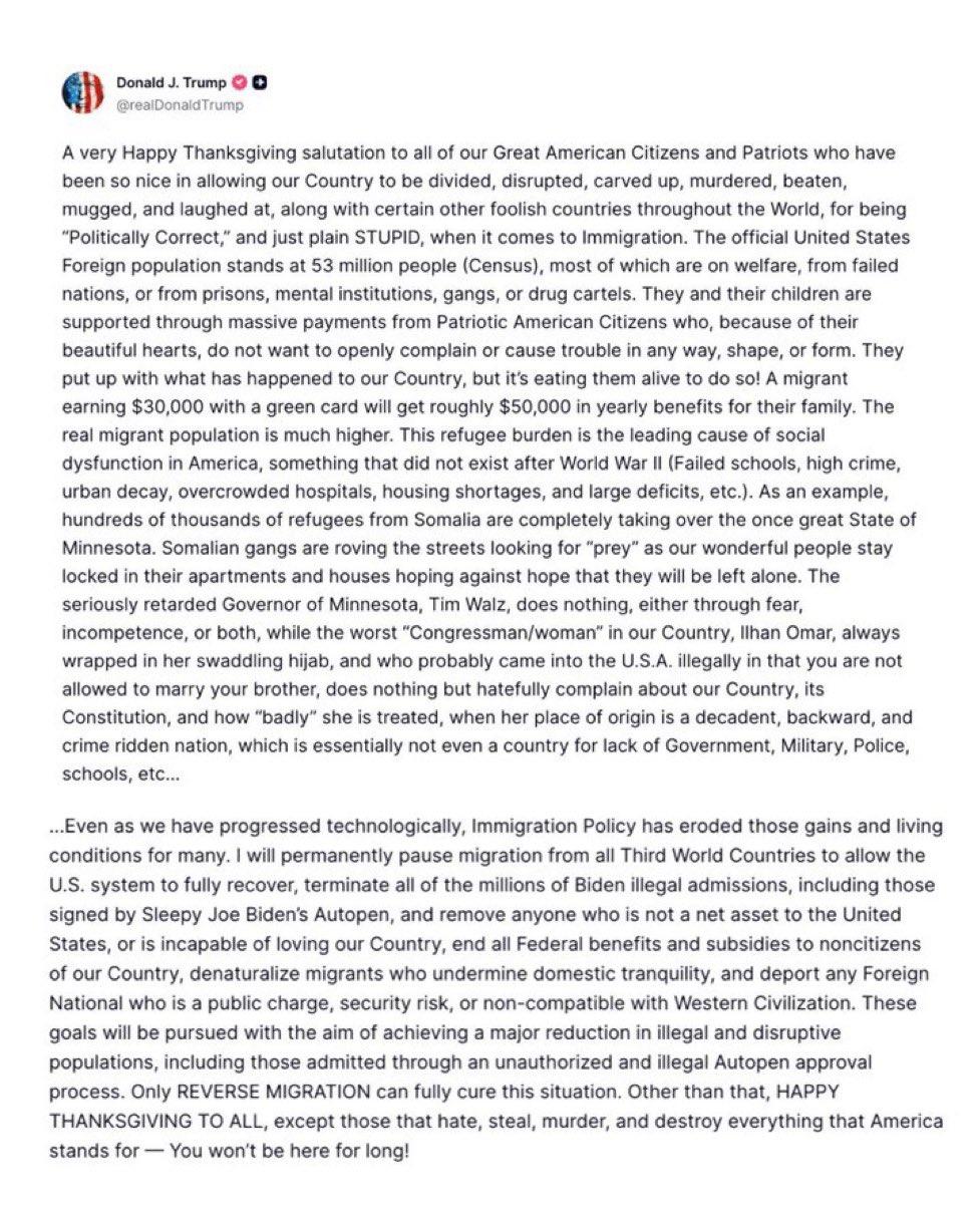 特朗普总统在感恩节发言中称，美国现有5300万外国人口，还表示其中多数人依赖福利