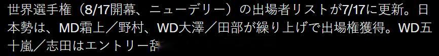 日本的男双霜上/野村组合以及女双大泽/田部组合提前获得了参赛资格。而五十岚/志田