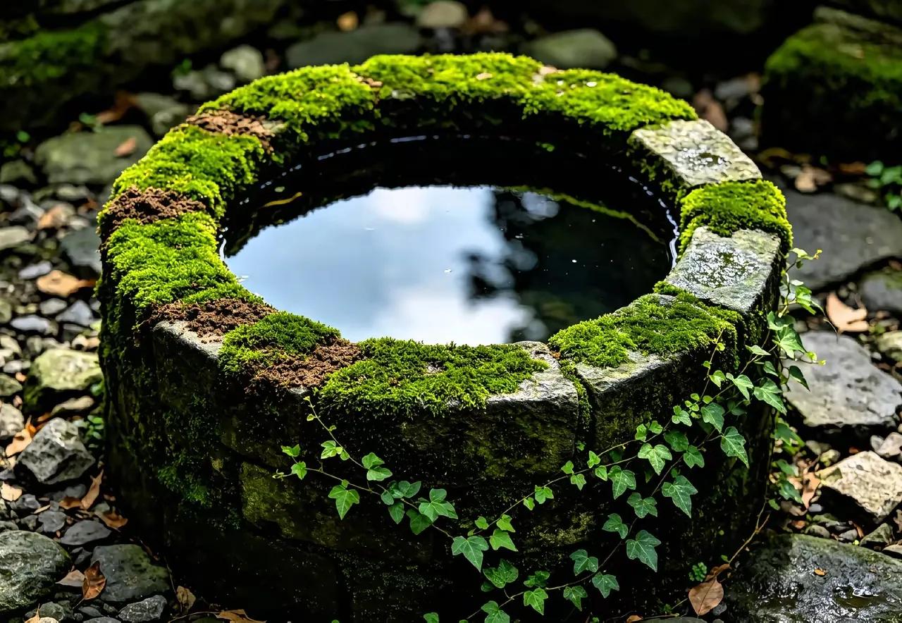 上联：苔侵古井沧桑久
下联：雨润新阶绿痕翠。