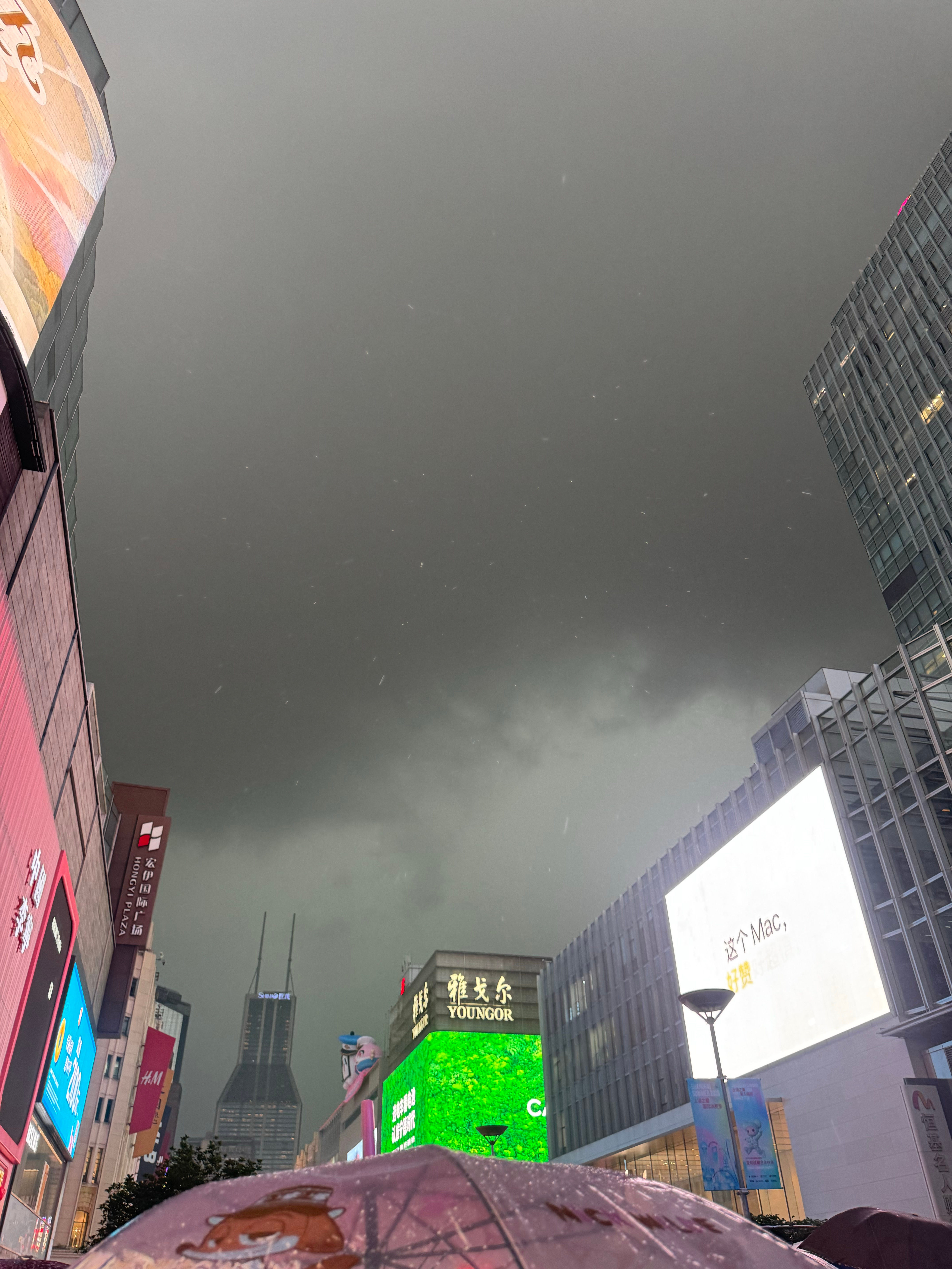 太吓人了，下一秒直接狂风暴雨了，我全身都被淋湿了撑伞都没用，而且南京路的华为真的