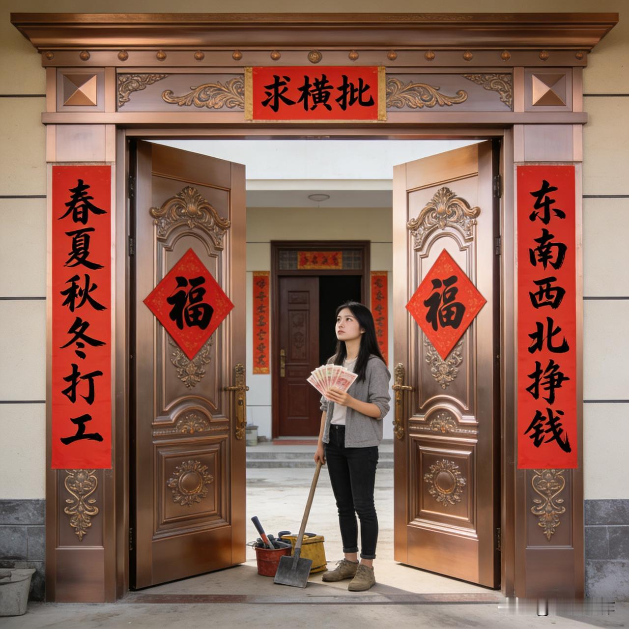 上联：春夏秋冬打工
下联：东南西北挣钱

这副对联满是打拼的实感——春夏秋冬轮转