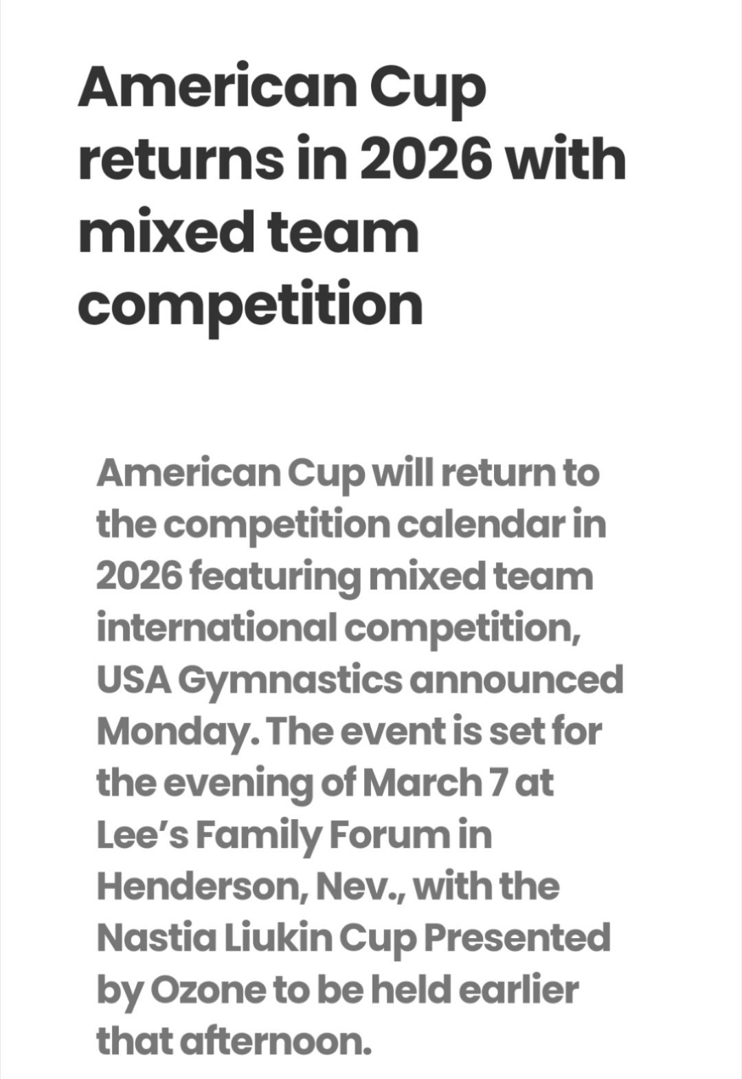 ‼️USAG方消息，2026年美国杯将以混合团体形式回归，比赛日期定在2026年