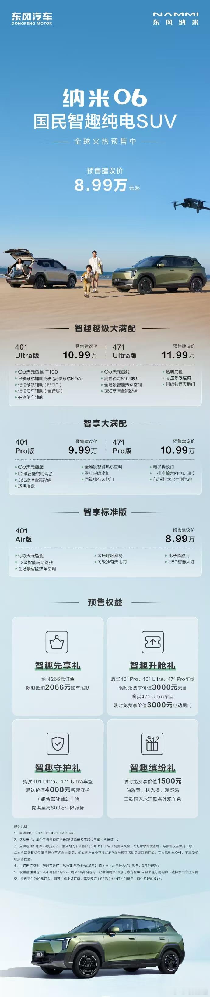 东风纳米06开启全球预售 东风纳米06是一款精品A0级车，定位“国民智趣纯电SU