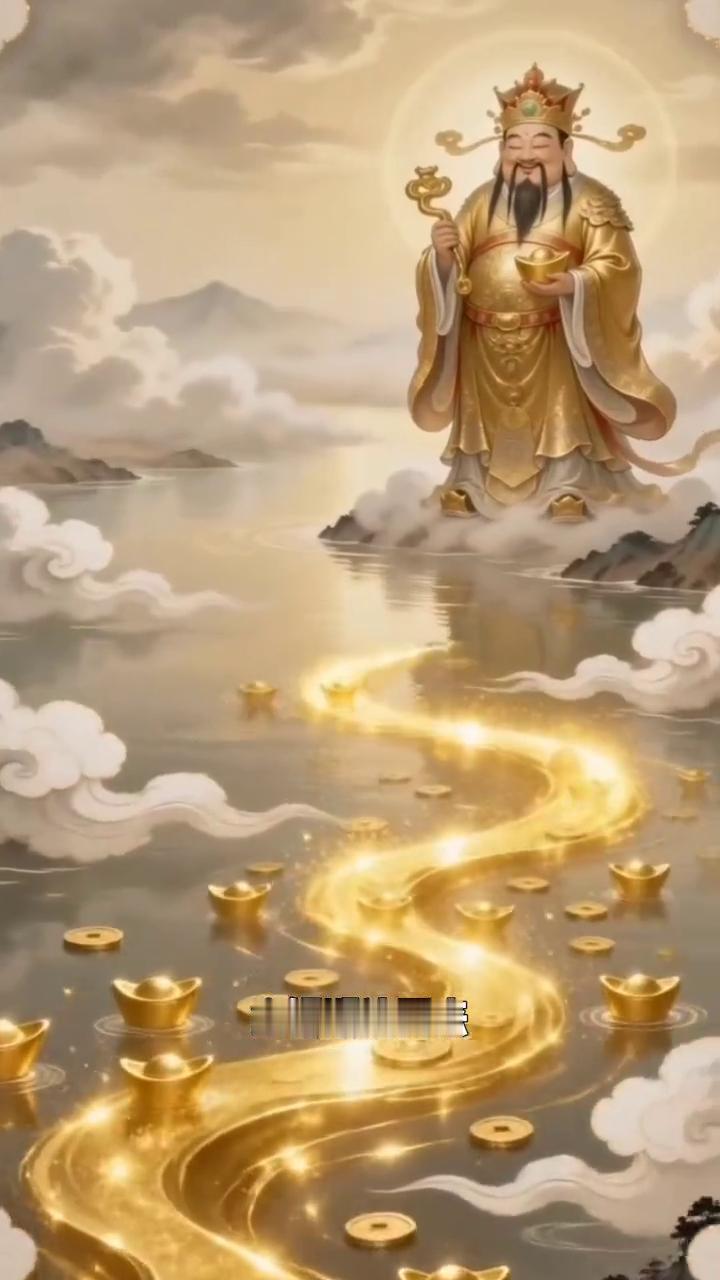 财神临水，金银顺流而来。猜求财成语：金银连绵不绝，生生不息。谜底：财源滚滚。寓意