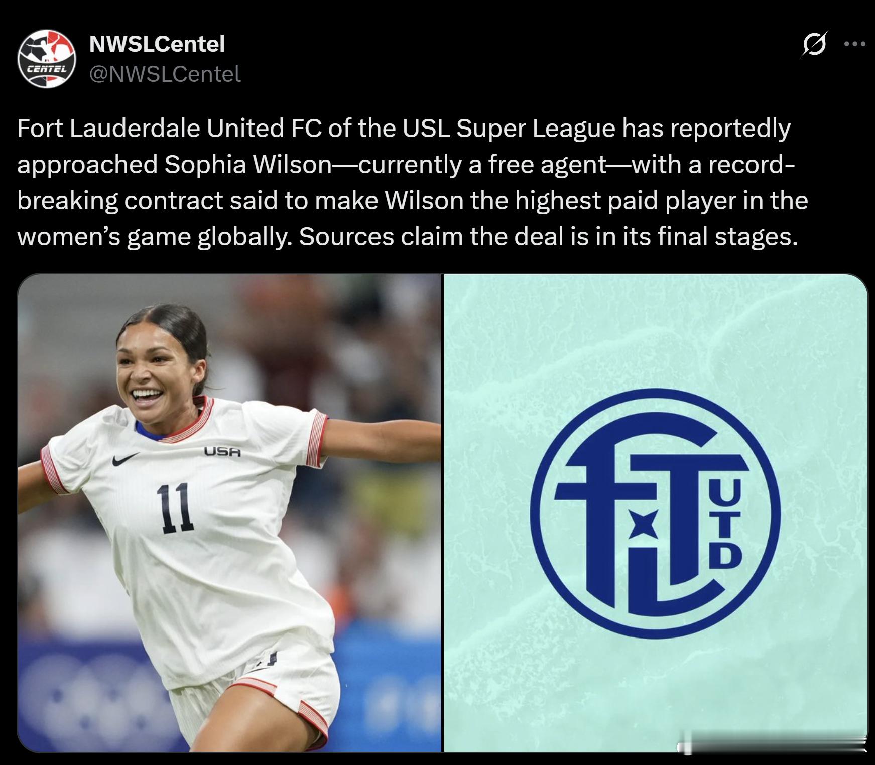 据称，美国女足超级联赛 （无工资帽的联赛）劳德代尔堡联队向目前自由球员索菲亚·威