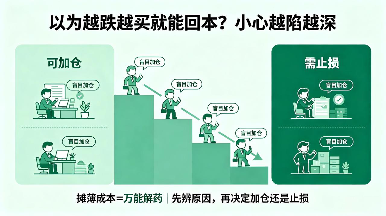 [害羞]以为越跌越买就能回本？小心越陷越深
很多小白学到一个词叫“摊薄成本”，于