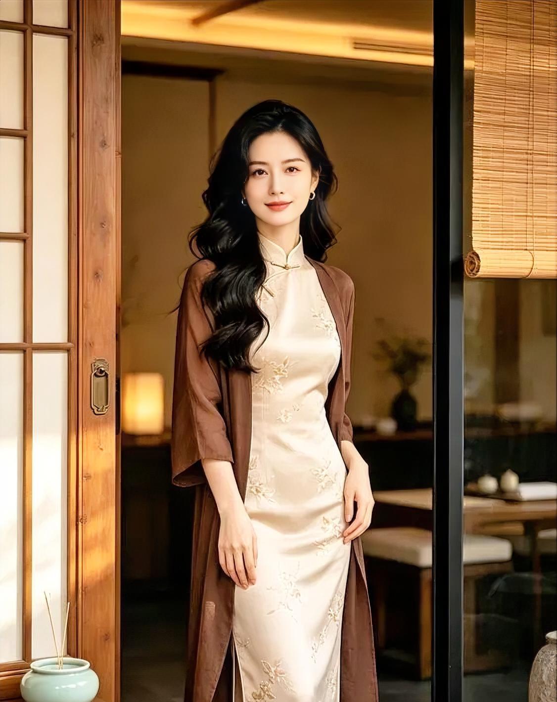《门畔秋温》

米白绣裙，轻披棕褐薄衫，

长发微卷，垂落温婉笑颜。

木格门边