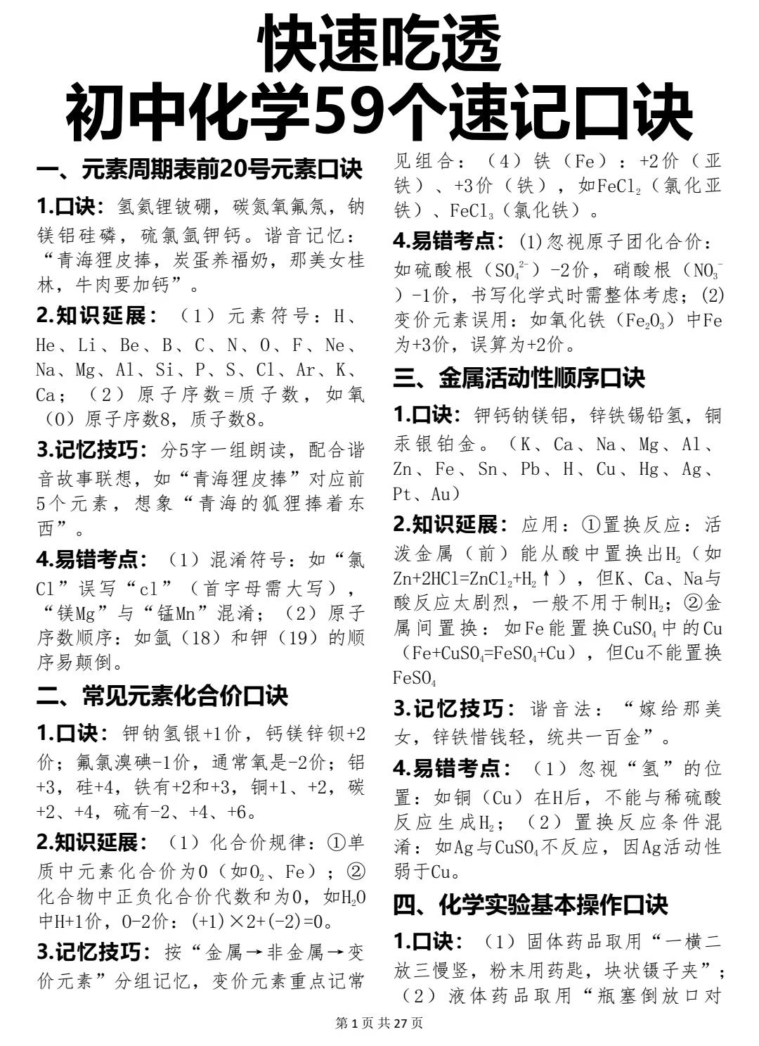 终于有人在考前把初中化学速记口诀讲清楚了