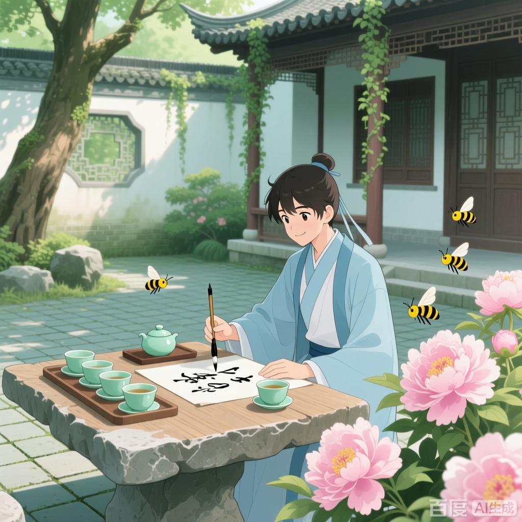 诚邀下联
品茶赋诗花作伴，嗡嗡嗡嗡蜂来扰
