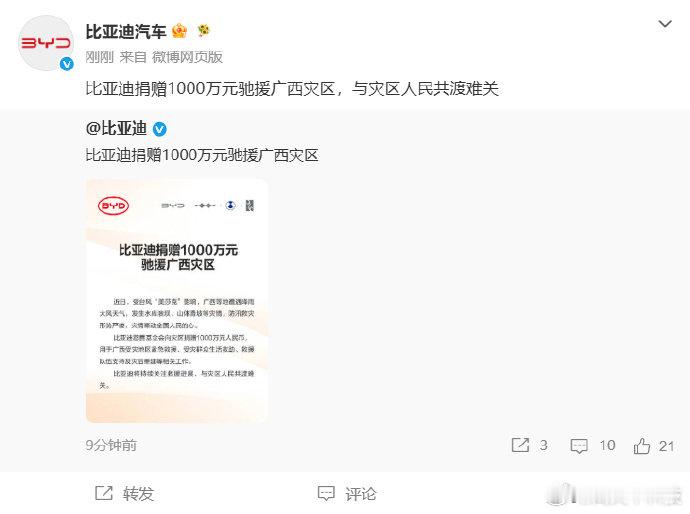 比亚迪捐赠1000万元驰援广西灾区 7月8日，比亚迪汽车官方发文：比亚迪捐赠10